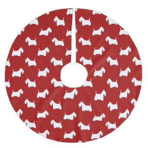 White Scottish Terrier Silhouettes Pattern Red Brushed Polyester Tree Skirt
