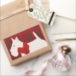 White Scottish Terrier Tartan  Rectangular Sticker<br><div class="desc">Large white space for writing a name. Stylized Scottish terrier dog with kerchief and large red bow. Plaid background with Christmas colors of red and green.</div>