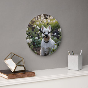 White Scottish Terrier With Black White Roses, Large Clock