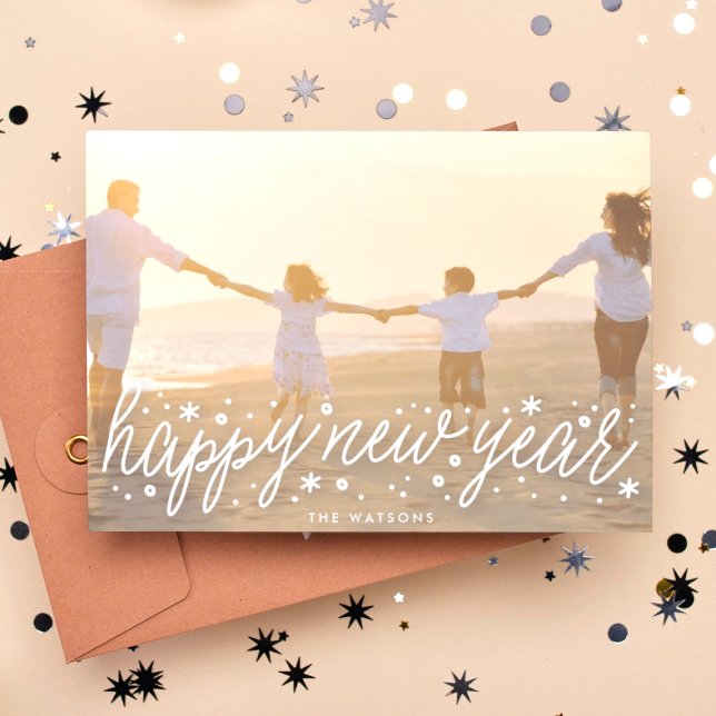 White Script Big Photo Happy New Year Holiday Card (Creator Uploaded)