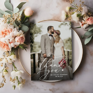 White Script Custom Photo Wedding Thank You Card
