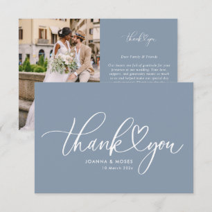White Script Dusty Blue Wedding Thank You Card