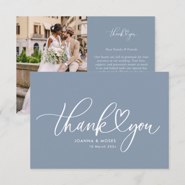 White Script Dusty Blue Wedding Thank You Card (Front/Back)