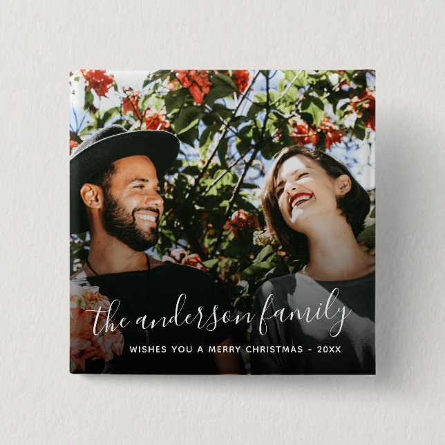 White Script Family Name Christmas Holiday Photo 15 Cm Square Badge (Front)