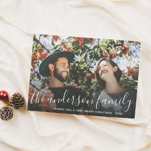 White Script Family Name Christmas Holiday Photo Invitation