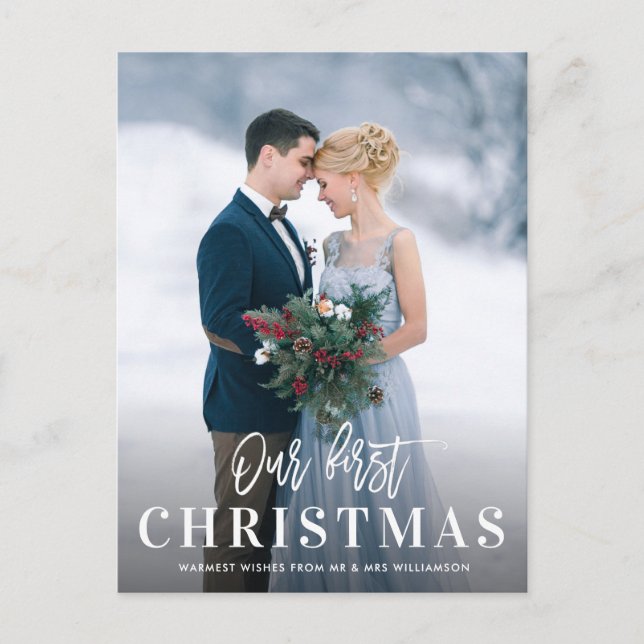 White script First christmas wedding announcement Postcard (Front)
