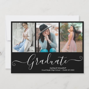 White Script Graduate 4 Photo Collage Graduation Invitation