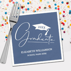 White Script Graduation Cap Blue Napkin