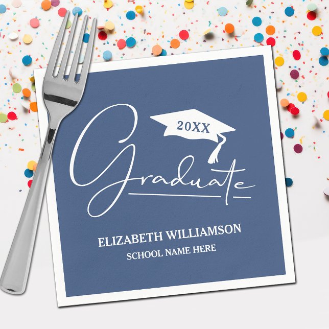 White Script Graduation Cap Blue Napkin (Your name, class year and "Graduate" in a cool script on blue school color party napkins)