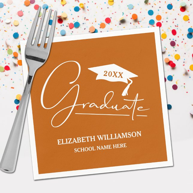 White Script Graduation Cap Burnt Orange Napkin (Your name, class year and "Graduate" in a cool script on burnt orange school color party napkins)