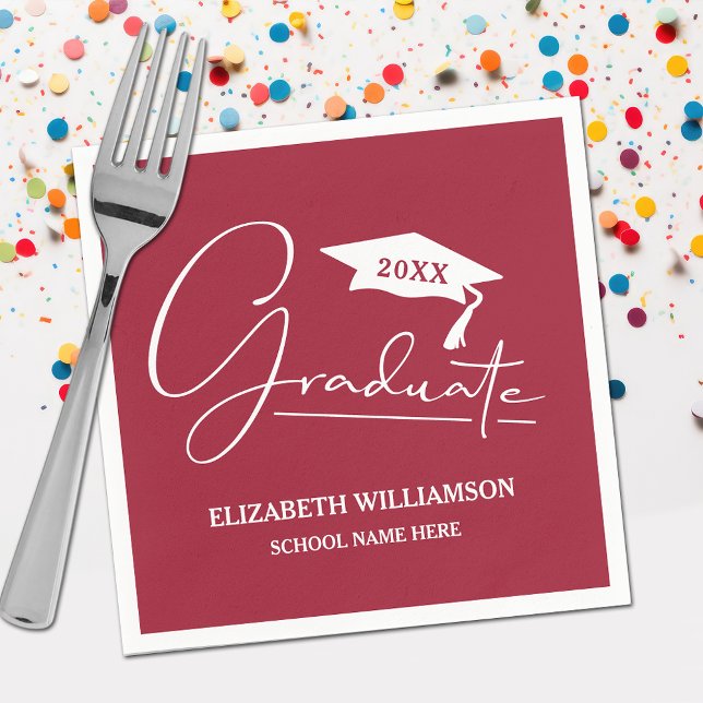 White Script Graduation Cap Maroon Napkin (Your name, class year and "Graduate" in a cool script on maroon school color party napkins)