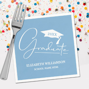 White Script Graduation Cap Powder Blue Napkin