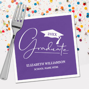 White Script Graduation Cap Purple Napkin