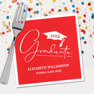 White Script Graduation Cap Red Napkin