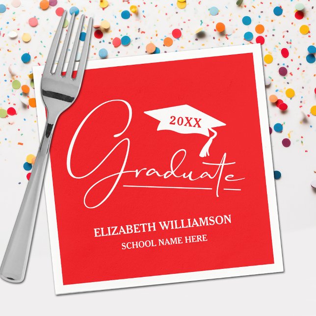 White Script Graduation Cap Red Napkin (Your name, class year and "Graduate" in a cool script on red school color party napkins)