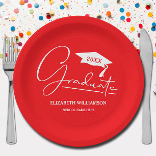 White Script Graduation Cap Red Paper Plate