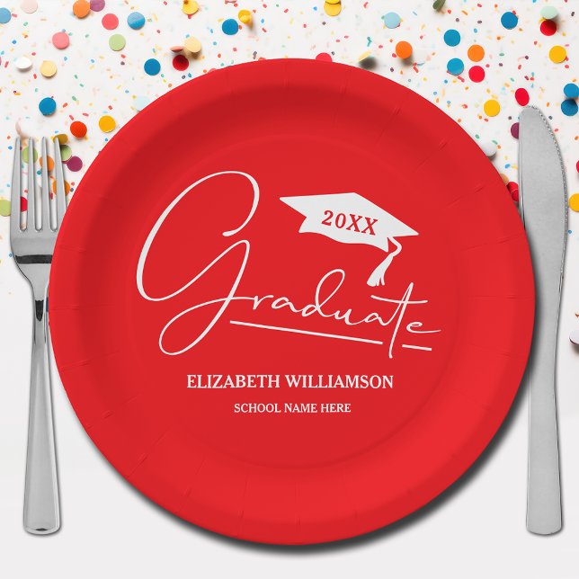 White Script Graduation Cap Red Paper Plate (Your name, year, grad cap and "Graduate" in a cool script on red school color paper plates)