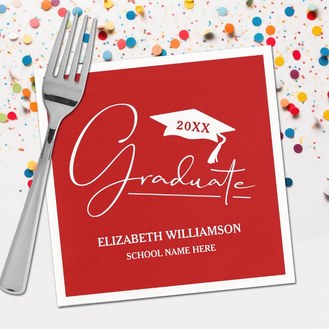 White Script Graduation Cap Scarlet Napkin (Your name, class year and "Graduate" in a cool script on scarlet red school color party napkins)