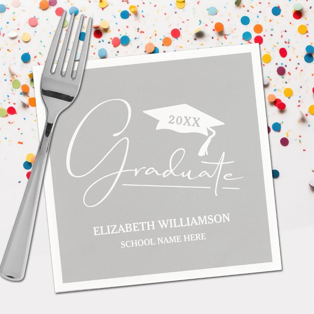 White Script Graduation Cap Silver Grey Napkin (Your name, class year and "Graduate" in a cool script on silver gray school color party napkins)