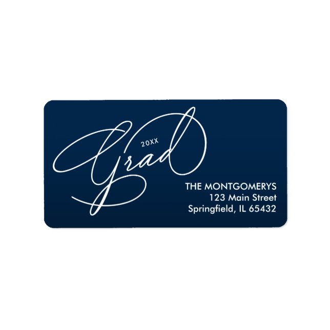 White Script Graduation Navy Blue Return Address Label (Front)
