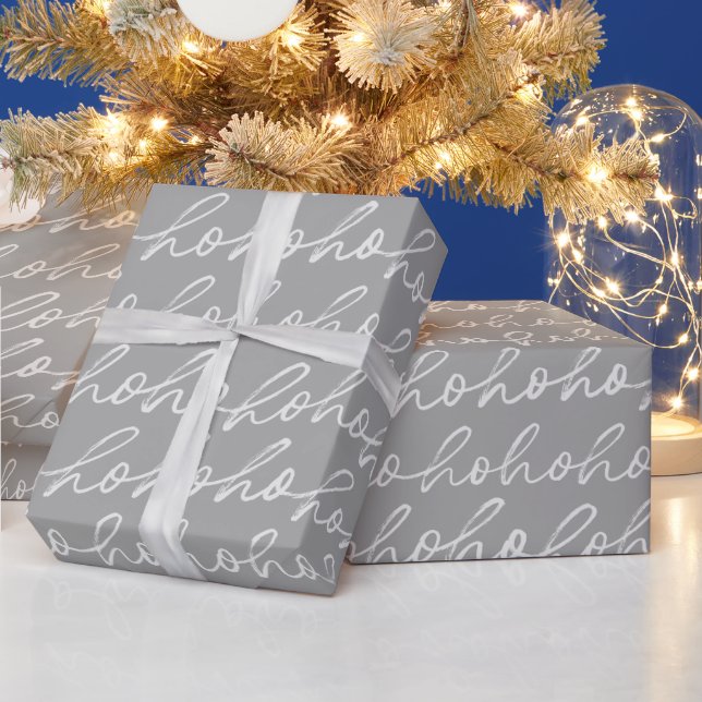 White Script Ho Ho Ho Silver Christmas Wrapping Paper (Holidays)