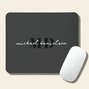 White Script Initial Monogram & Black Minimal Mouse Mat