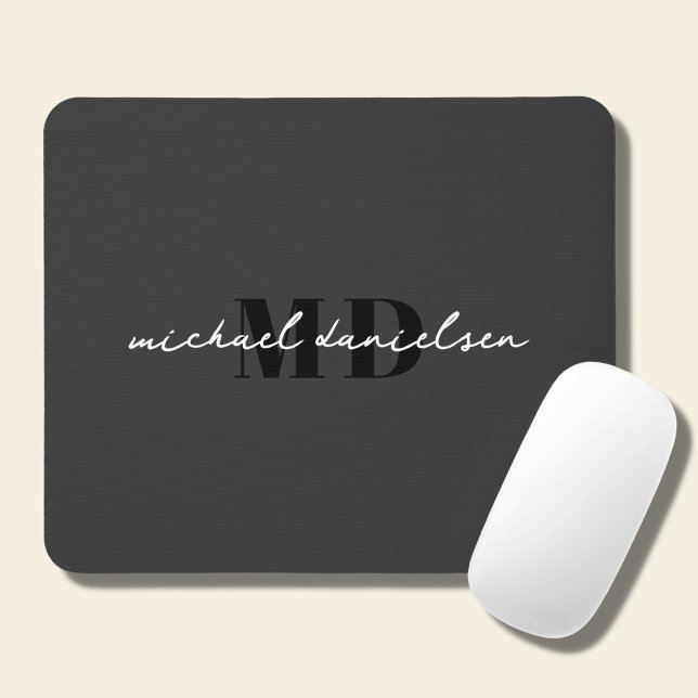  White Script Initial Monogram & Black Minimal Mouse Mat (Creator Uploaded)