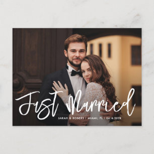 white script just married wedding announcement postcard