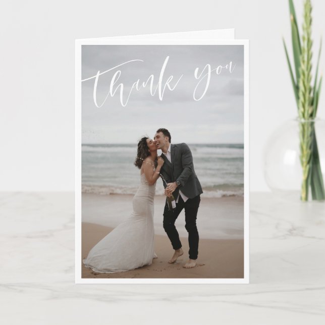 White Script Large Wedding Photo Thank You Card (Front)