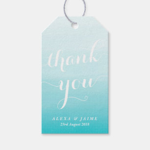 White Script Light Blue Watercolor Ombre Thank You Gift Tags