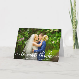 White Script Love and Thanks  Wedding Photo Fold Card