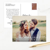 White Script Love and Thanks Wedding Photo