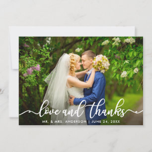 White Script Love and Thanks Wedding Photo Thank You Card