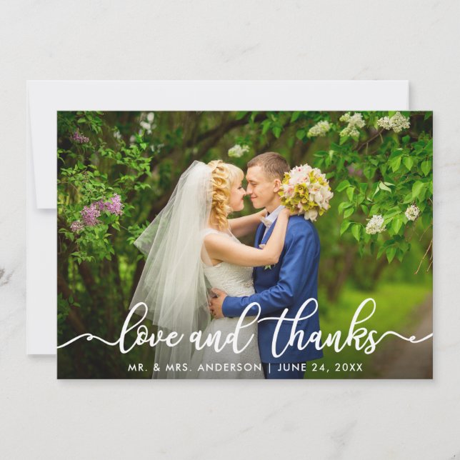 White Script Love and Thanks | Wedding Photo Thank You Card (Front)