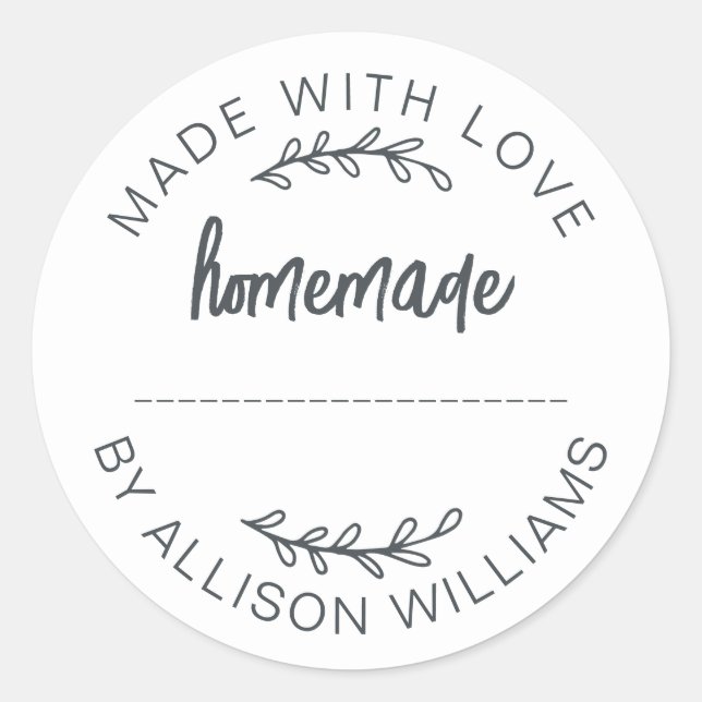 White Script Made With Love Homemade Food Jar Classic Round Sticker (Front)