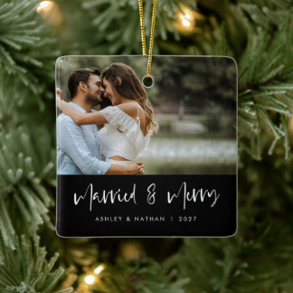 White Script Married & Merry Black Photo Ornament
