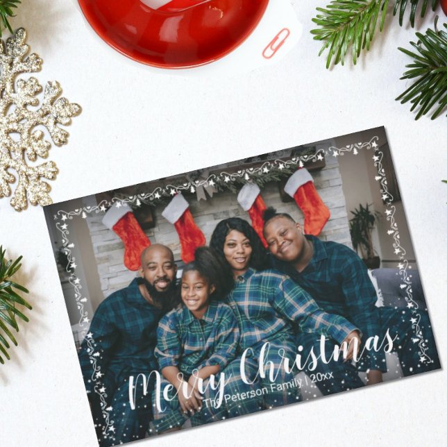 White Script Merry Christmas & Garland Trim Photo Holiday Card (Creator Uploaded)