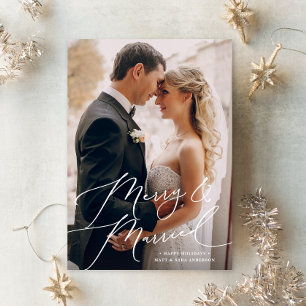 White Script Merry & Married Photo Christmas  Holiday Card