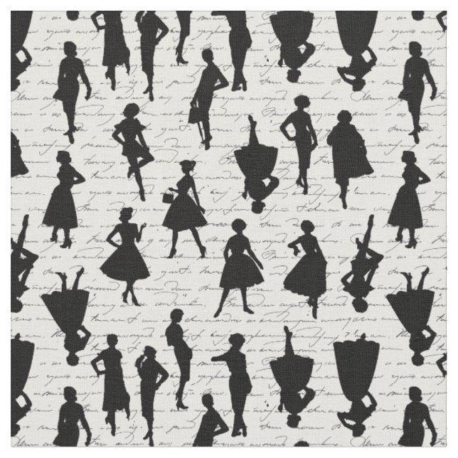 white script mid century 1950s vintage silhouette  fabric (Close Up)
