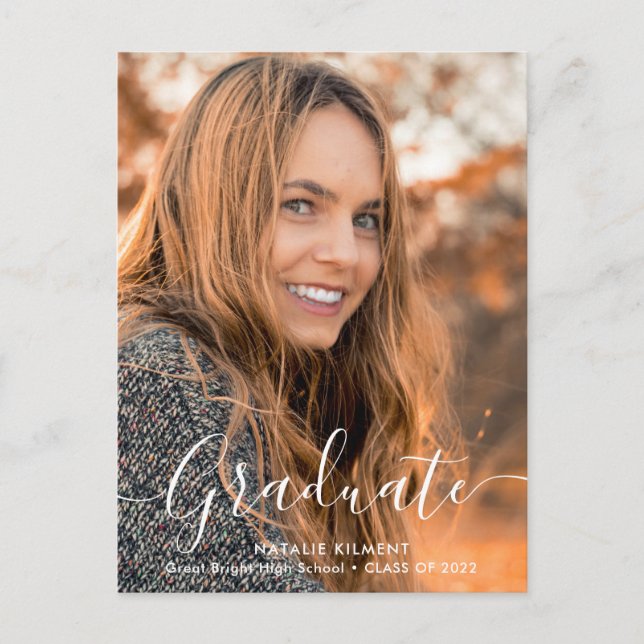 White Script Modern Graduate Photo Graduation Announcement Postcard (Front)
