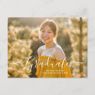 White Script Modern Graduate Photo Graduation Announcement Postcard