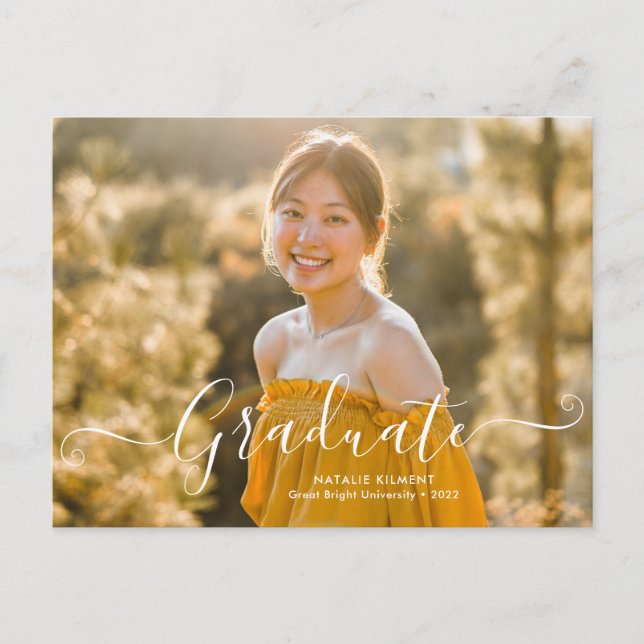 White Script Modern Graduate Photo Graduation Announcement Postcard (Front)