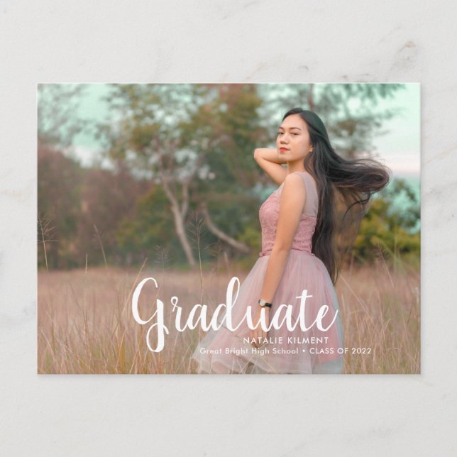 White Script Modern Graduate Photo Graduation Announcement Postcard (Front)