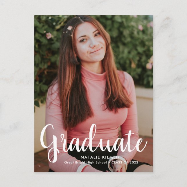 White Script Modern Graduate Photo Graduation Announcement Postcard (Front)