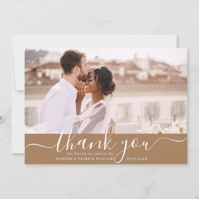 White Script Modern Wedding Thank You Photo Card (Front)