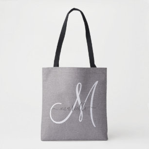 White Script Monogram Grey Linen Tote Bag