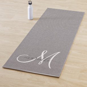 White Script Monogram Grey Linen  Yoga Mat