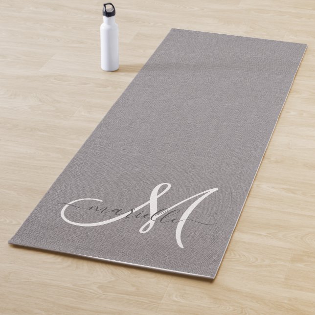 White Script Monogram Grey Linen  Yoga Mat (In Situ)