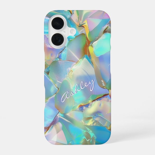 White Script Name on Opal Background iPhone 16 Case (Back)