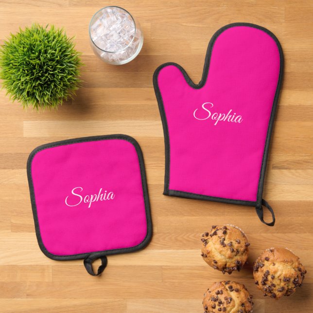White Script Name or Monogram on Hot Pink Oven Mitt & Pot Holder Set (Top Down)